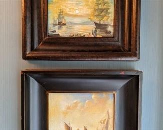 Pair of original oil on canvas ships in the harbor. 