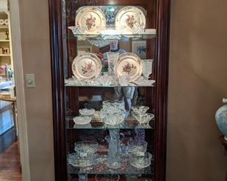 Vintage mahogany lighted curio cabinet, by Ethan Allen, with American Brilliant Cut Glass collection.