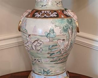 One of a pair of vintage Asian porcelain lamps, with shade& finials. 