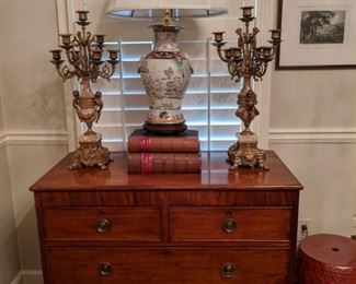 Beautiful antique English 4-drawer wooden chest, with one of a pair of Asian porcelain table lamps, pair of vintage bronze & marble girandoles,.