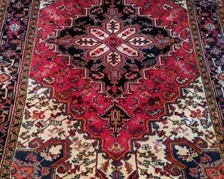 Vintage hand-woven Persian Heriz rug, 100% wool face, measures 6' 2" x 9' 1".