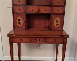 Vintage cherry writing desk, with hand-painted silhouettes. 