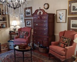 Wonderful White Furniture Co. highboy, this one is banded mahogany, with vintage label, pair of comfy, upholstered armchairs (freshly upholstered in Ralph Lauren fabric)  set/4 nicely framed/matted English landscapes, brass ship's clock, vintage tole tray table.