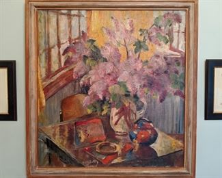 Wonderful, large original oil on canvas, by listed NYC artist, Sally Lustig.                                                                         Active in New York City in the 1930s, Sally Lustig was a painter who worked primarily with oil and watercolor.  "She thinned her oils to washes, which she applied to canvas for an effect similar to watercolor."
Lustig was a student in Germany at the Academy of Fine Art, Munich* and at the National Academy of Design* in New York.