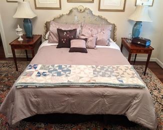 Queen size master bedroom, with hand-painted silk padded headboard, pair of vintage Hekman side tables, with double candle slides, set/5 nicely framed botanicals,  handmade vintage quilt, from your favorite Granny!