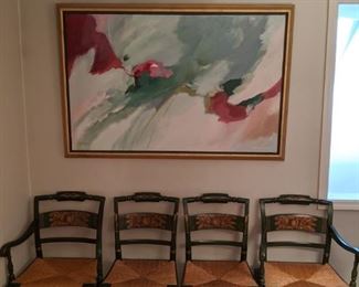 The rest of the set of six, vintage L. Hitchcock wooden chairs, below an original oil on canvas, by listed GA artist, Elsie Dresch, measures 32" x 50".