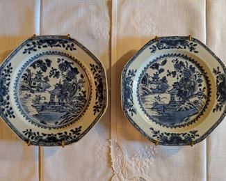 Pair of antique Asian octagonal porcelain plates, from the Ch'ien Lung Period, 1736-1795.