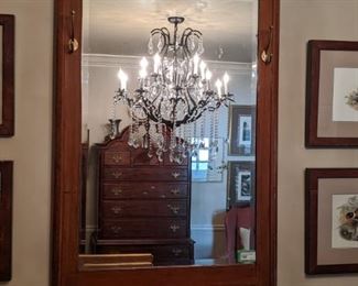 68" tall Antique French inlaid walnut beveled glass wall mirror, with bronze mounts and coat hooks.
