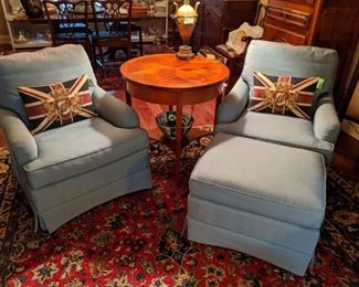 Pair of Baker upholstered armchairs (+ ottoman) with "Antique Pear" round parquet side table, by Nierman-Weeks (retails for $7,020.00) Dimensions: 30" dia. x 29" high; item # 33-04693-30-00.                                                   Nice pair of English tapestry "Union Jack" pillows, with down inserts. 