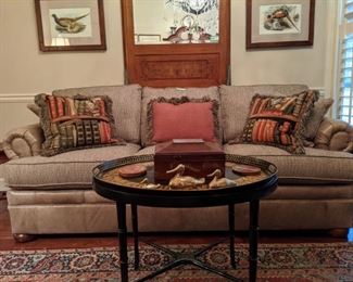 Upholstered/leather sofa, by Mayo Furniture Co, (Texarkana, TX) Italian Tole coffee table with stretchers, GORGEOUS antique Persian Heriz rug.