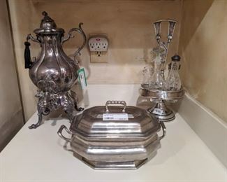 Vintage silverplated samovar, cruet set and pewter server.