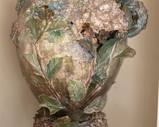 19 th century French Barbotine  large Jardiniere with with stand featuring hydrangeas Approximately 6’tall 