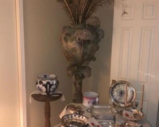 19 th century French Barbotine  large Jardiniere with with stand featuring hydrangeas Approximately 6’tall 