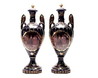 5. Pair of Cobalt Blue Porcelain and Enamel Limoges Portriat Vases