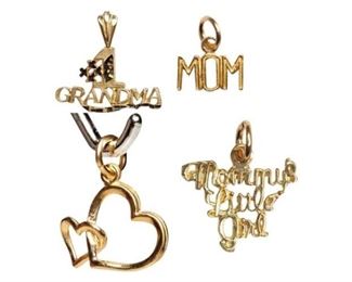 71. Four 4 Vintage 10K Gold Charm Pendants 1 Grandma, Mom, Hearts 