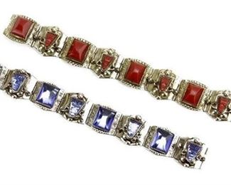 72. Vintage Sterling Silver Blue Glass Mask and Red Stone Mask Bracelets