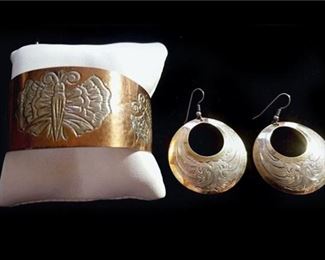 73. Vintage Etched Copper Sterling Cuff and Earrings