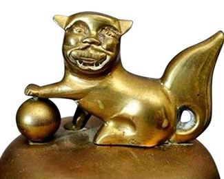 115. Chinese Brass Vessel with Foo Dog Finial Lid and Base