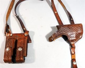 K Bar H Leatherworks Tooled Leather Shoulder Holster And 2 Mag Holder, With 2 Springfield Armory .40S&W 9-Rd Mags