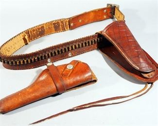 Tooled Leather Holster And Leather Belt With 73 Cartridge Loops That Hold .22 Cal Ammo And Hunter Leather Holster 110024
