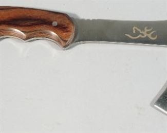 Two Browning RMEF Rocky Mountain Elk Foundation Hatchets, Model 0040 With Wood Handle And Model 478, Both With Nylon Sheaths
