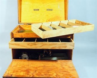 Wood Tackle Box, Contents Include Zebco Omega 33 Reel, Zebco 202 Reel, Pflueger Trusty Reel, Fish Master Scaler, Lures, Sinkers And More