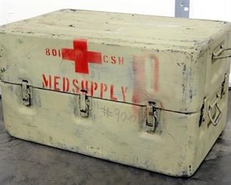 Metal Trunk Marked "801 CSH Med Supply", Side Handles, Top Lifts Off, 17.5" High x 31.5" Wide x 19.5" Deep
