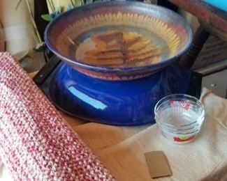 Catherine's Holmes pot  $10
large pottery bowl  $10
rag rug $5    RUG SOLD
