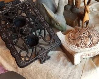 2 wrought iron candle holders
$ 5 each
Bunny $5
wood carved  mountain guy
byEngler$10
wooden reindeer hand carved $5
pair wrought iron  candle holders $5.00
Garden ornament $5.00

