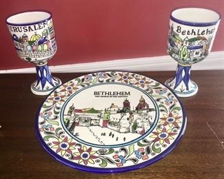 Bethlehem Jerusalem plate & footed cups