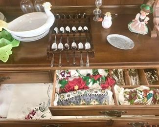 Kitchen linens, misc. silver plate & stainless steel flatware, etc.