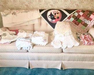 Sofa, crocheted doilies, Misc. linens