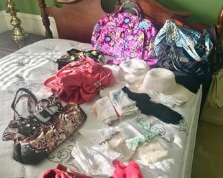 Misc. name brand purses including Vera Bradley, vintage hankies, hats