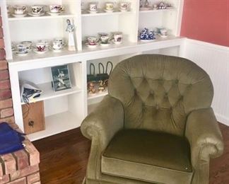 Upholstered chair, cups & saucers, collector plates