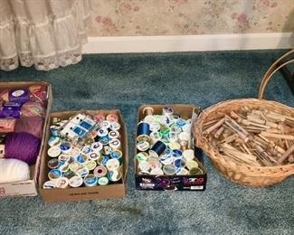 Yarn, sewing thread, vintage clothespins