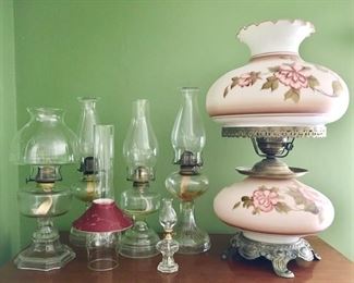 Antique kerosene laps, Electric hand painted dresser lamp