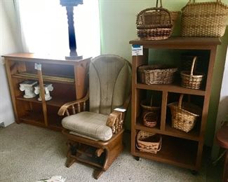 Book shelf, glider rocker, shelf/display stand on wheels, misc baskets 