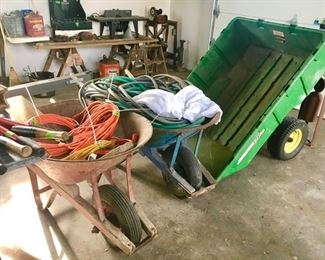 2 wheel barrows, JD lawn cart, entension cords, hoses, etc