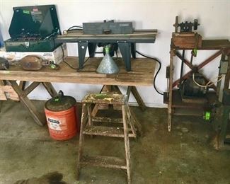 new Coleman camp stove, planer, 2 wooden barn pulleys, etc