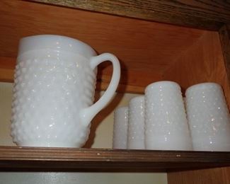 MILK GLASS PITCHER AND GLASSES