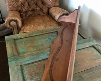Plate Shelf, Distressed Coffee Table, Oversized Leather Chair