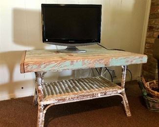 Small Wicker Distressed Wood Table