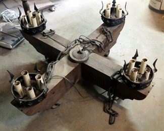 Antique Mediteranean Style Wood Beam Chandelier With 16 Lights, And Hammered Chain Support, 40" Square