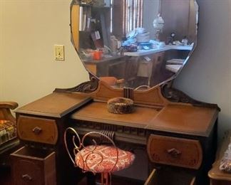 Antique Solid Wood 4 Drawer Vanity With Leaded Beveled Glass Mirror, 67" x 46" x 18", With Metal Vanity Stool
