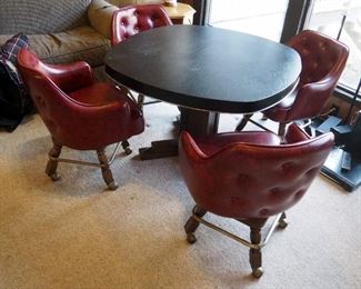 Retro Pedestal Table (28" x 42" x 42") With Vinyl Upholstered Rolling Club Chairs, Qty 4
