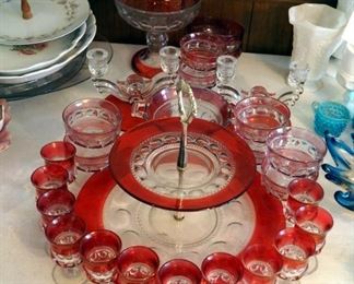 Tiffin & Indiana King's Crown-Cranberry Flashed Collection, Including 2 Tier Serving Tray, Candelabras, Sherry Glasses, Stemmed Drinking Glasses, And Dessert Bowls, Qty 52 Pieces