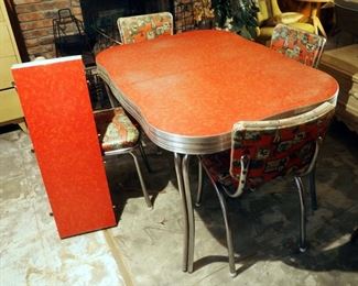 Retro Chrome Dinette Set With Formica Top And 4 Vinyl Covered Matching Chairs And Leaf, Table Measures 30" x 48" x 36", Leaf Measures 12"