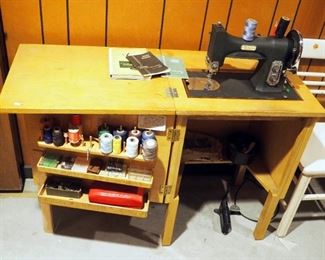 Vintage Electric Series 77 White Rotary Sewing Machine With Wood Cabinet And Chair, Includes Foot Pedal, Sewing Notions And Original User Manuals, 31" x 22" x 18"