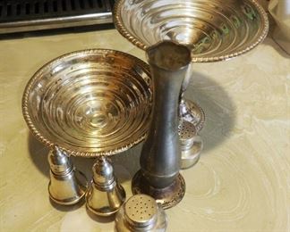 Sterling Silver Salt And Pepper Shakers, Pedestal Bowls, And Bud Vase