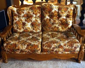 Vintage Howard Wood Framed Upholstered Early American Loveseat With Nailhead Trim, 32" x 57" x 34"